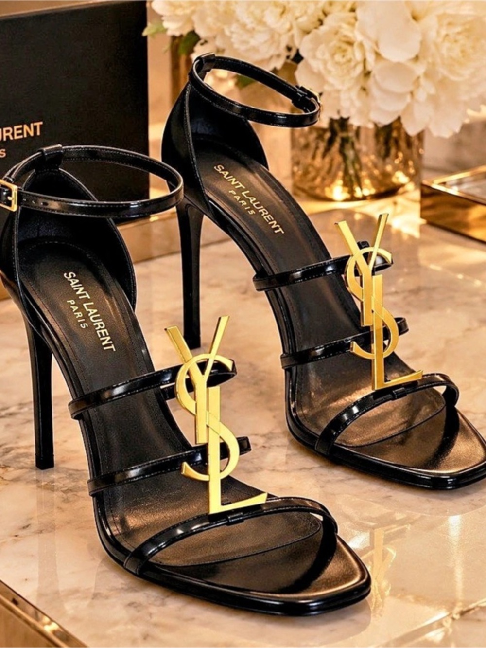 Saint Laurent Opyum Patent Leather Sandals with Gold-Tone Heel Black